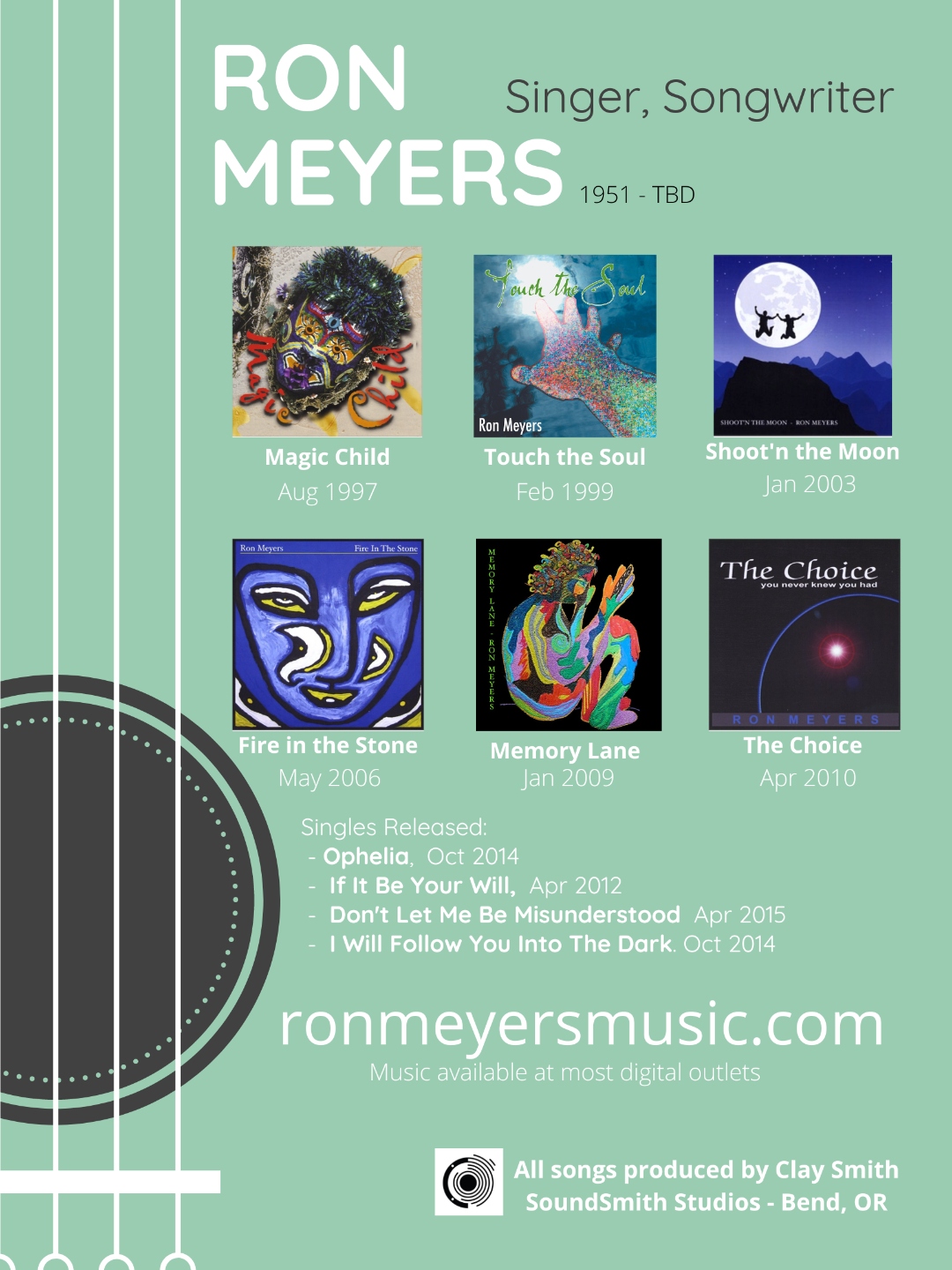 Ron Meyers Singer Songwriter promo poster showing all albums and singles