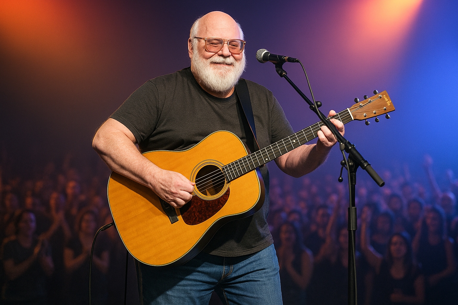 Ron Meyers performing on stage with acoustic guitar and crowd behind him